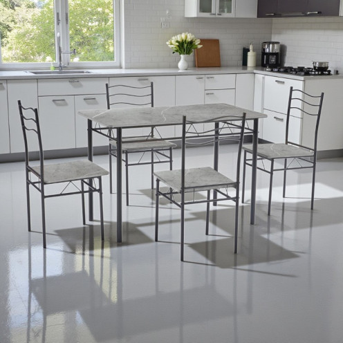Dining table with four elegant gray wooden chairs
