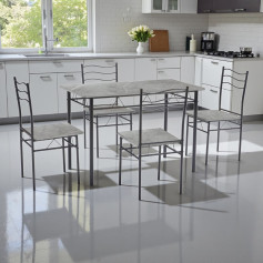 Dining table with four elegant gray wooden chairs