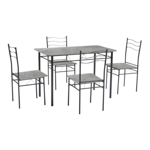 Dining table with four elegant gray wooden chairs