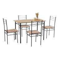 Dining table with four elegant light-colored wooden chairs