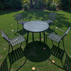 A modern and elegant round outdoor dining table with 4 chairs, available in several colors.