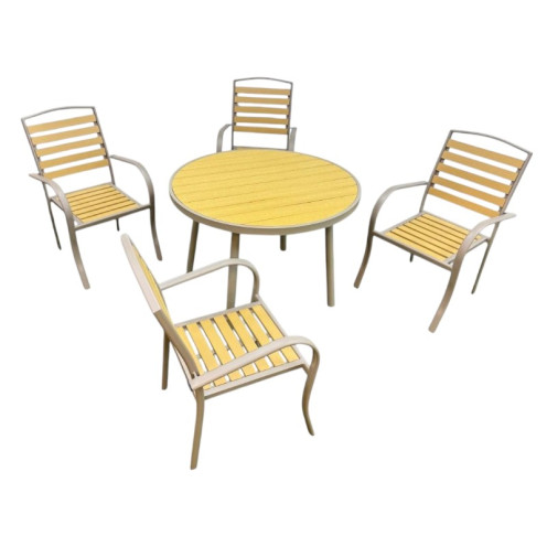 A modern and elegant round outdoor dining table with 4 chairs, available in several colors.