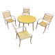 A modern and elegant round outdoor dining table with 4 chairs, available in several colors.