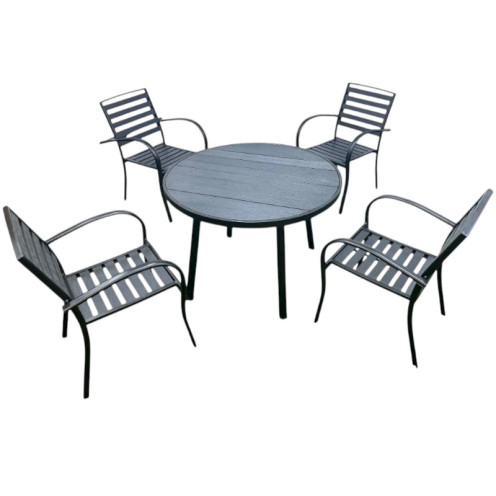 A modern and elegant round outdoor dining table with 4 chairs, available in several colors.