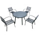 A modern and elegant round outdoor dining table with 4 chairs, available in several colors.