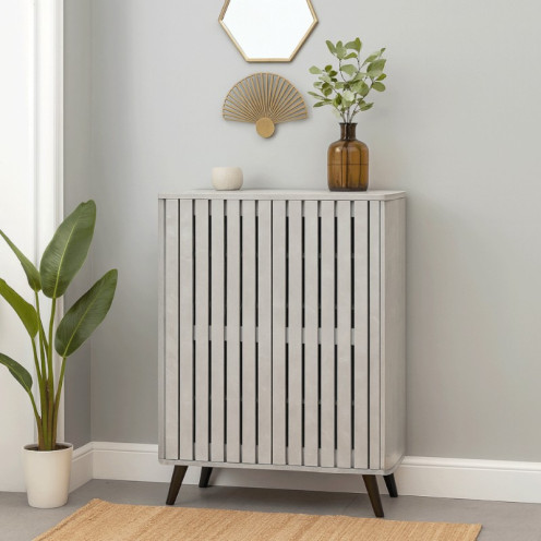 Shoe cabinet, two-door wooden shoe rack with a longitudinal slat design, available in several colors.