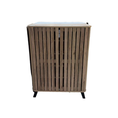 Shoe cabinet, two-door wooden shoe rack with a longitudinal slat design, available in several colors.