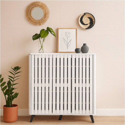 Shoe cabinet, 3-door wooden shoe rack with a longitudinal slat design in several colors