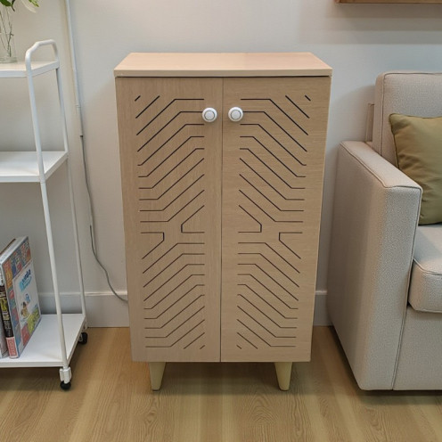 A stylish and modern two-door wooden shoe cabinet available in several colors.