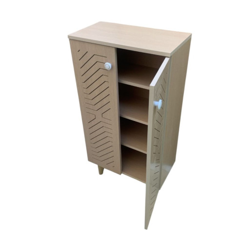 A stylish and modern two-door wooden shoe cabinet available in several colors.