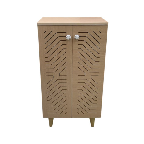 A stylish and modern two-door wooden shoe cabinet available in several colors.