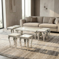 طقم طاولات شاي رخام ملكي مع 6 طاولات جانبية – لون فضي أنيق