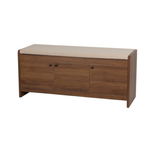A luxurious and elegant wooden shoe cabinet and upholstered bench in several colors.