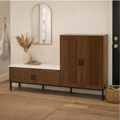 دولاب احذية تخزين فاخر مع مقعد وسادة انيق وحديث باللون البني