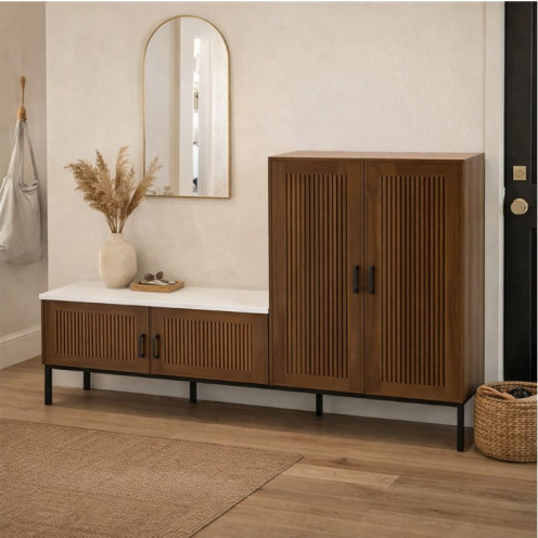 دولاب احذية تخزين فاخر مع مقعد وسادة انيق وحديث باللون البني