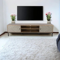 طاولة تلفاز بلازما حديثة بمقاس 180سم باللون الخشبي مع الرمادي 