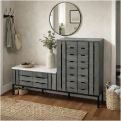 دولاب احذية تخزين فاخر مع مقعد وسادة انيق وحديث باللون الرمادي 