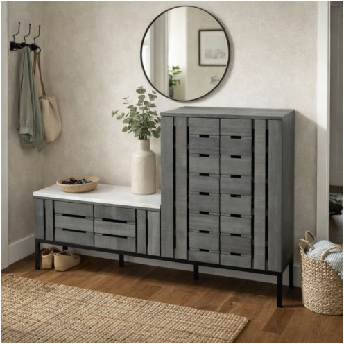 دولاب احذية تخزين فاخر مع مقعد وسادة انيق وحديث باللون الرمادي 