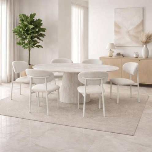 Ceramic Dining Table with Wooden Base and 6 Chairs