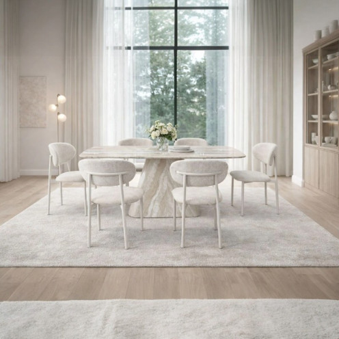 طاولة طعام سيراميك مستطيل بقاعدة خشبية مع 6 كراسي