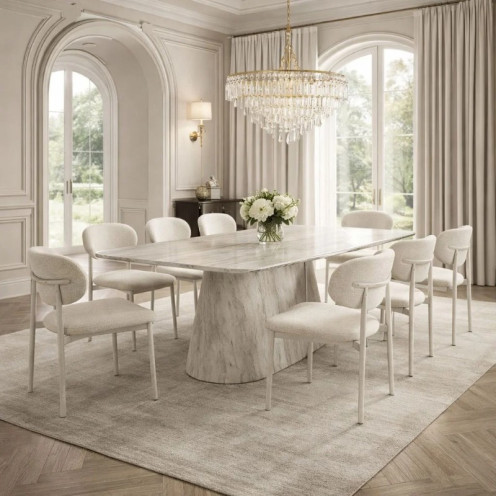 طاولة طعام سيراميك مستطيل بقاعدة خشبية مع 8 كراسي