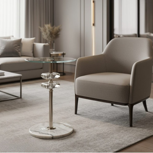 طاولة خدمة كريستال بسطح زجاجي بتصميم حديث وعصري بقاعدة رخامية