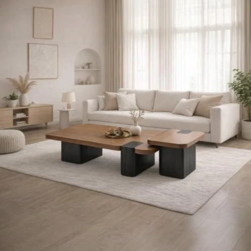 طقم طاولتين وسط  بتصميم خشبي فاخر وانيق بني مع اسود