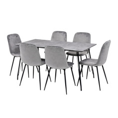 Wooden dining table with 6 velvet chairs in various colors, 150*90*77 cm