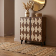 A stylish, uniquely designed two-door shoe cabinet in brown.