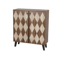 A stylish, uniquely designed two-door shoe cabinet in brown.