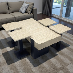 طقم طاولات ضيافة مع 4 طاولات خدمة بسطح بديل رخام وقاعدة سوداء. 