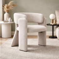 A chair with a modern curved design, lined with circular fabric and combined arms in several modern colors