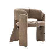 A chair with a modern curved design, lined with circular fabric and combined arms in several modern colors