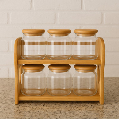 طقم علب بهارات زجاج مع استاند خشب 6 قطعة 2 دور حديث