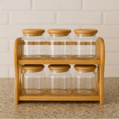 طقم علب بهارات زجاج مع استاند خشب 6 قطعة 2 دور حديث