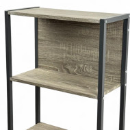 Four-story wooden stand with a black iron frame, and each two stories are separate from the other