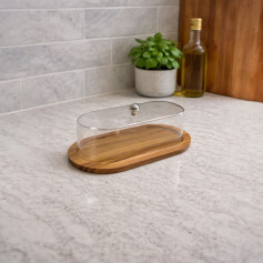 صحن كيك خشب باللون البني الطبيعي بيضاوي غطاء