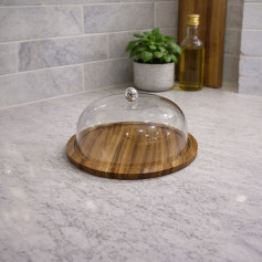 صحن كيك خشب باللون البني الطبيعي دائري غطاء