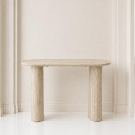 A uniquely designed and modern wooden entryway table in several colors.