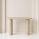 A uniquely designed and modern wooden entryway table in several colors.