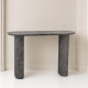 A uniquely designed and modern wooden entryway table in several colors.