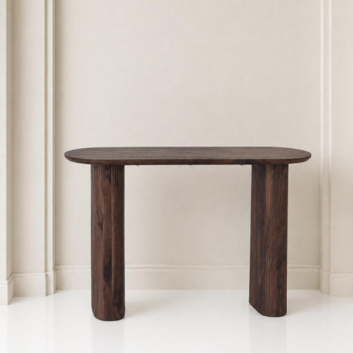 A uniquely designed and modern wooden entryway table in several colors.