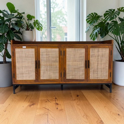 خزانة بوفيه خشب 4 باب بتصميم أنيق وحديث باللون البني الطبيعي هندي فاخر