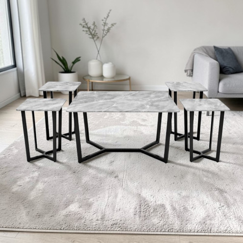 طقم طاولات بورسلان أنيق بتصميم مودرن مكون من طاولة رئيسية وأربع طاولات بعدة اللوان