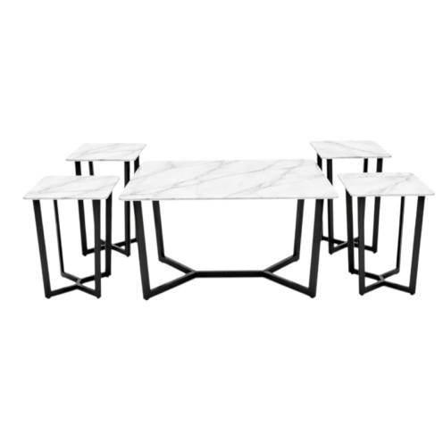 طقم طاولات بورسلان أنيق بتصميم مودرن مكون من طاولة رئيسية وأربع طاولات بعدة اللوان