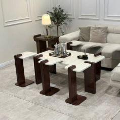 طقم طاولات خشب مع بديل رخام فاخر (1 + 4 )حديث وعصري