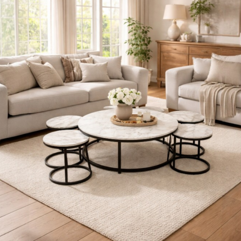 طقم طاولة ارضية كنب ٥ قطع بلون سراميكي ابيض وهيكل حديدي قوي