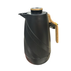 A modern coffee thermos with a distinctive design and an elegant wooden handle, available in several colors.
