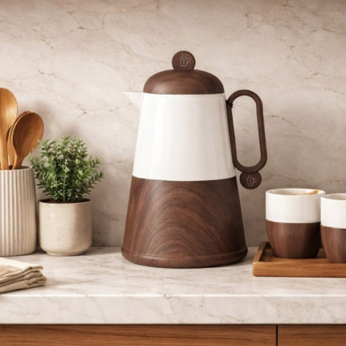 ترمس 1 لتر - لون بني + ابيض بتصميم مميز وحديث