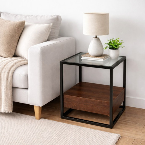 طاوله مفرد بتصميم حديث سطح زجاجي قواعد حديد مقاس 40x40x55